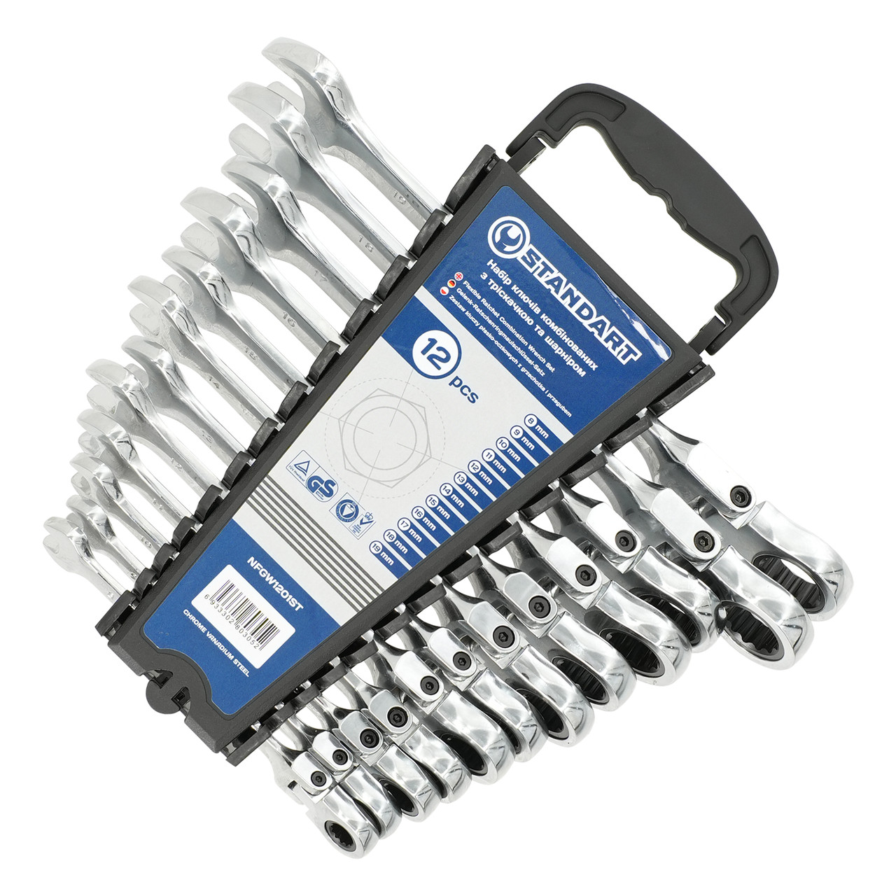 Набор ключей комбинированных с трещоткой и шарниром 8-19мм 12ед. на холдере  СТАНДАРТ NFGW1201ST