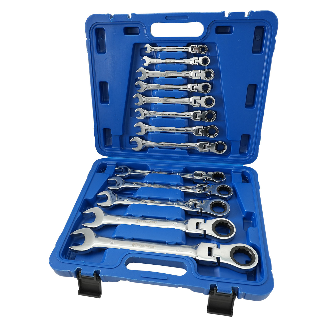 Набір ключів комбінованих із тріскачкою та шарніром 8,10, 12-15,17,19, 22, 27, 30, 32 мм 13ед. СТАНДАРТ