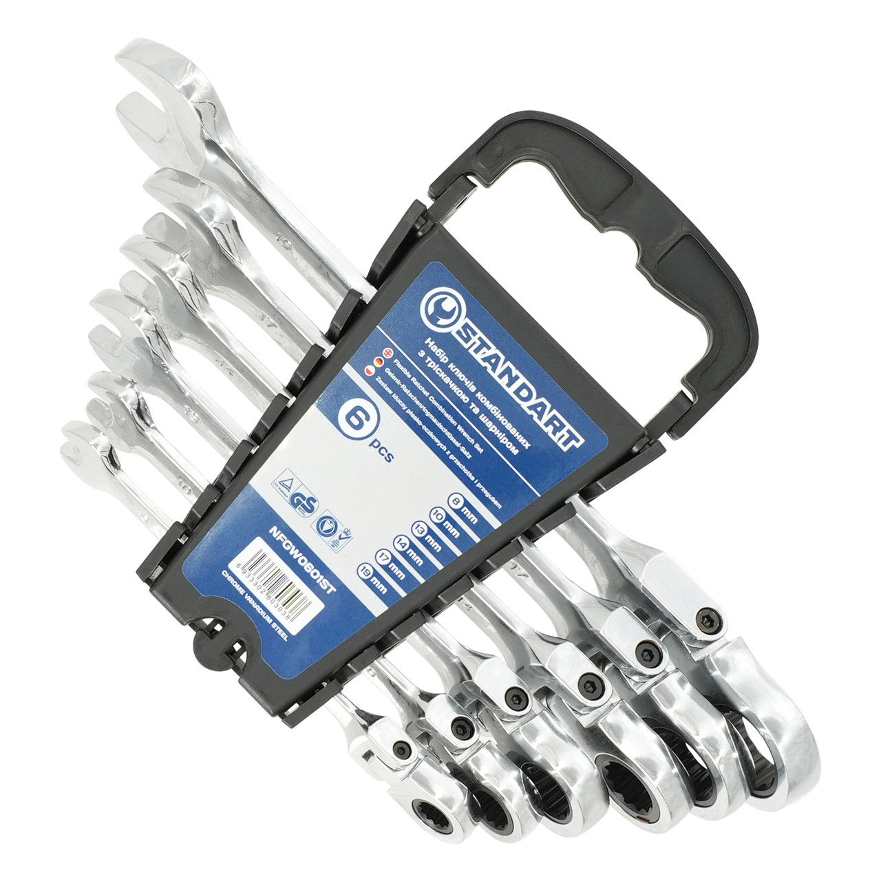 Набор ключей комбинированных с трещоткой и шарниром 8,10,13,14,17,19мм 6ед. на холдере  СТАНДАРТ NFGW0601ST