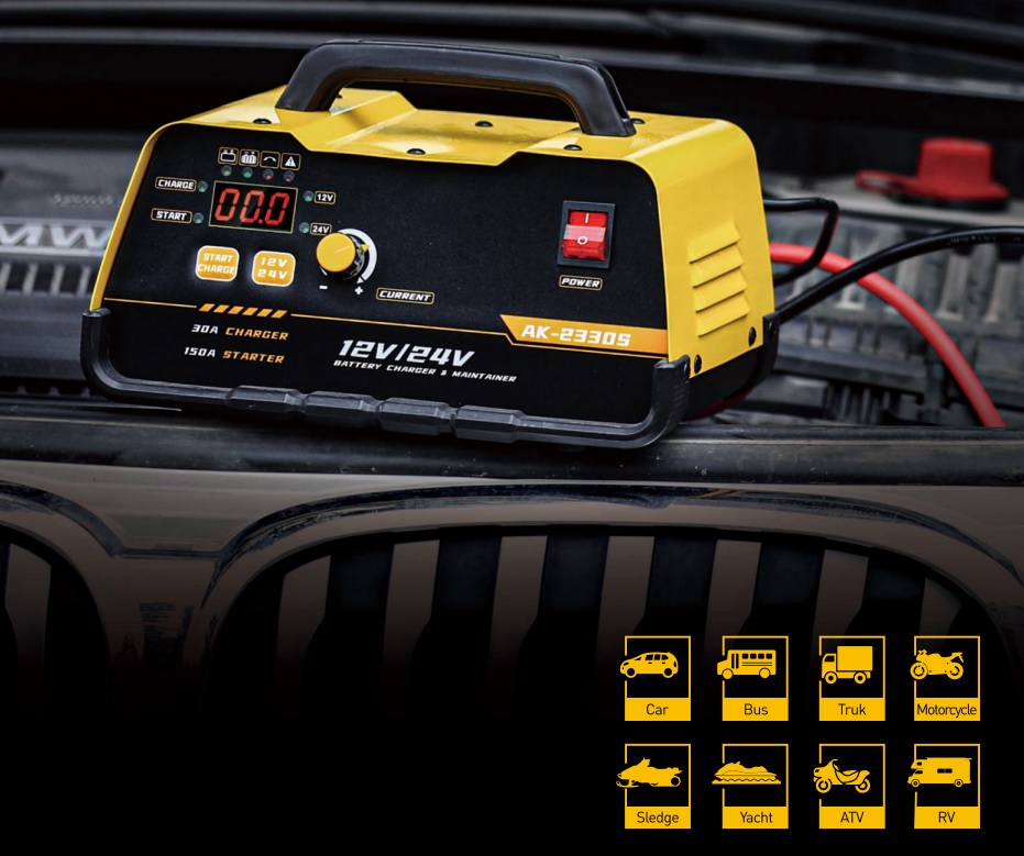 Пускозарядний пристрій інверторний AK-2330S 12/24В 10-450Ah, пуск.струм-150A