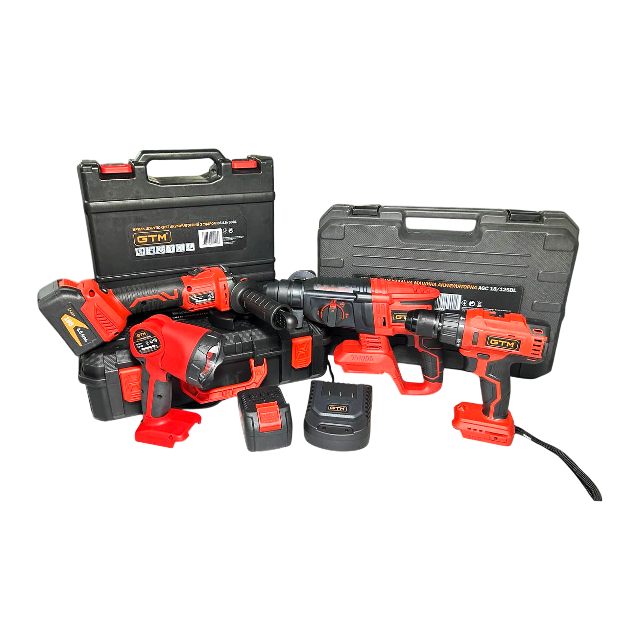 Набор аккумуляторного инструмента GTM 18V УШМ AGC18/125BL, шуруповерт DSI18/60BL, перфоратор RHC18/26BL, фонарь FLС18/1500 (PROMO_5)