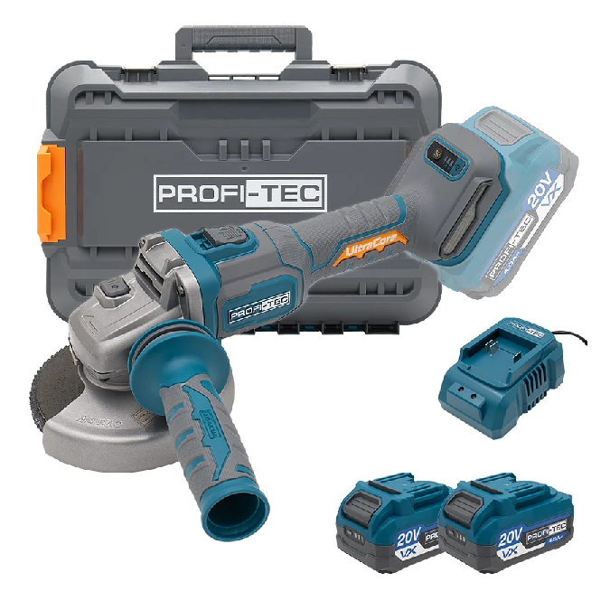Акумуляторна кутова шліфувальна машина PROFI-TEC PPGA203 UltraCore (2&times;PT2040VX (4.0 Аг), зарядний пристрій)