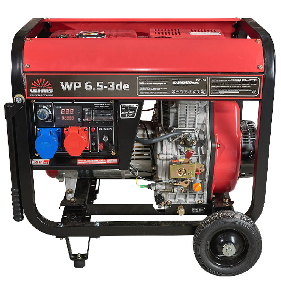Генератор дизельний Vitals WP 6.5-3deНапруга, В 	230/400 Частота струму, Гц 	50 Номінальна потужність, кВт 	6,5 Максимальна потужність, кВт 	7,0 Коефіцієнт потужності (сos Ф) 	0,8 Вихід постійного струму, 12В/8,3А 	Є Параметри розеток вихідної мережі змінн